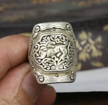 2,9 СМ Старинное китайское кольцо из серебра Мяо Kylin Qilin Beast Head Beast Jewellery для рук