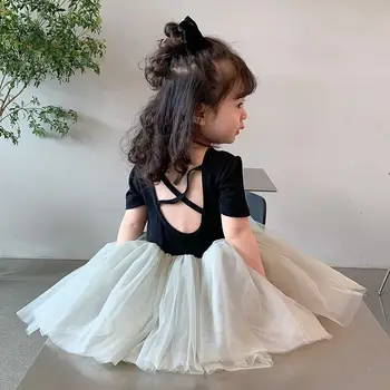 2023 Летние платья принцессы для маленьких девочек с коротким рукавом и открытой спиной, бальное платье для танцев в Корейском стиле для малышей, детское танцевальное платье для малышей