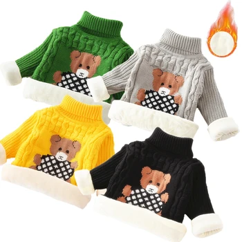 2023 Новый Зимний теплый свитер для мальчиков с хлопковой подкладкой в виде Медведя, плюшевый бархат, Эластичная Вязаная Шерстяная Детская одежда для холода
