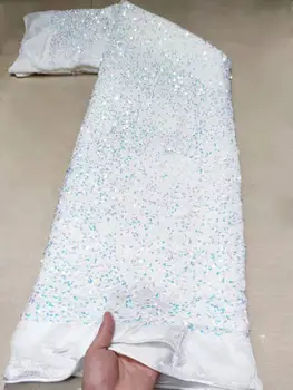 2023 Оптовая продажа Роскошной африканской бархатной кружевной ткани белая 3D вышивка блестками Нигерийский тюль сетчатая кружевная ткань сшитое платье YYZ8873