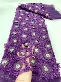 2023 Оптовая продажа фиолетовой кружевной ткани с 3D блестками, высококачественной сетки, аппликации с вышивкой, 3D тюля, нигерийской ткани, материала для свадебного платья