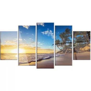 5-панельная картина на холсте, пляж Райского острова, Картины с восходом солнца, настенные художественные принты, модульный плакат для гостиной, HD Печать