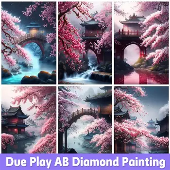 AB 5D Алмазная живопись Мозаика с полными сверлами Пейзаж с японской Сакурой Алмазная Вышивка Горный хрусталь Домашний декор