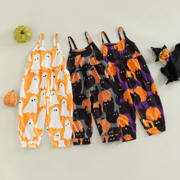 FOCUSNORM/ комбинезоны для малышей от 1 до 6 лет для девочек на Хэллоуин, штаны, комбинезоны-слинги без рукавов с принтом призрака/тыквы, 3 цвета