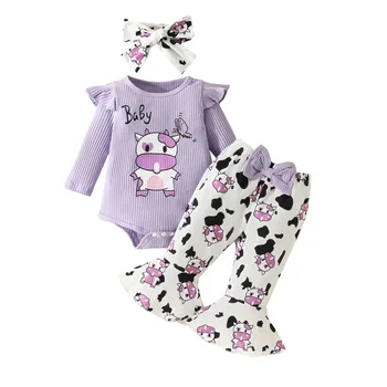 Pudcoco, осенние наряды для новорожденных девочек с буквенным принтом Коровы, круглый вырез, комбинезон с длинными рукавами, расклешенные брюки, повязка на голову, комплект одежды из 3 предметов
