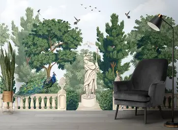 Акварельные обои в винтажном стиле с тропическим рисунком, лесом и павлином, съемная настенная роспись на заказ, самоклеящийся лес с попугаями