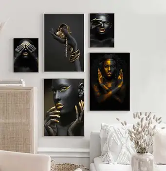 Африканская черно-золотая женщина, HD Картина маслом на холсте, плакаты и принты, Скандинавские настенные рисунки для гостиной