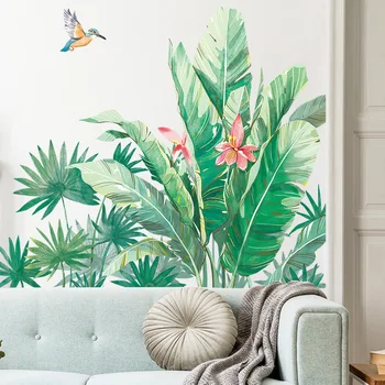 Большие тропические листья, цветы, птицы, наклейки на стену для спальни, декора гостиной, Растения, настенные наклейки, Съемные наклейки, обои