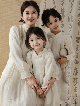 Весенне-осеннее молодежное повседневное белое платье с китайской вышивкой для мамы и дочки, подходящая одежда для мамы и детей от 7 до 12 лет