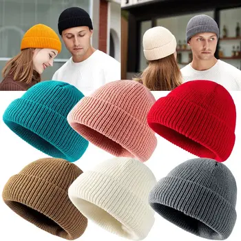 Вязаная шапочка с манжетами в стиле хип-хоп, Модная зимняя теплая шапка Y2k, вязаная шапка, Шерстяная, акриловая, с закатанными краями, Тюбетейка для мужчин и женщин