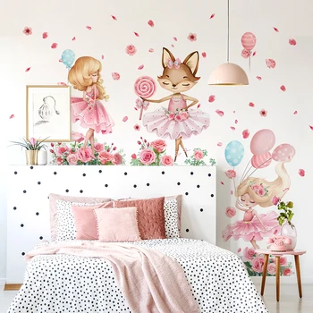 Две девочки Лиса Наклейки на стену Розовый Цветок Наклейка на стену Настенная Роспись Красочный воздушный шар DIY Съемный Декор стен для комнаты девочек Игровая комната