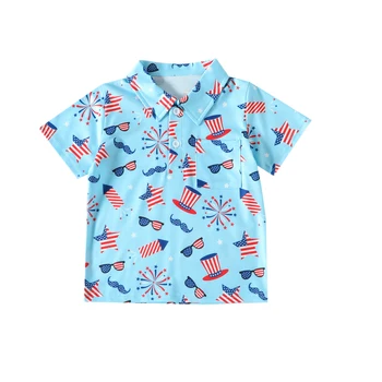 День независимости, 4 июля, Летний бутик одежды для мальчиков Синяя рубашка с коротким рукавом, Полосатые солнцезащитные очки с принтом на чашке