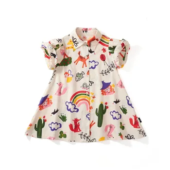 детская одежда, платье для маленьких девочек, летнее хлопковое платье-рубашка с граффити в корейском стиле для малышей, детские платья на пуговицах от 2 до 10 лет