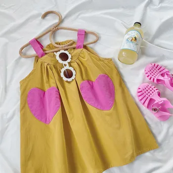 Детские платья, Платье на бретельках Для девочек, 2023 Летнее Новое Милое Детское Модное Розовое Платье Love Baby, Детское платье