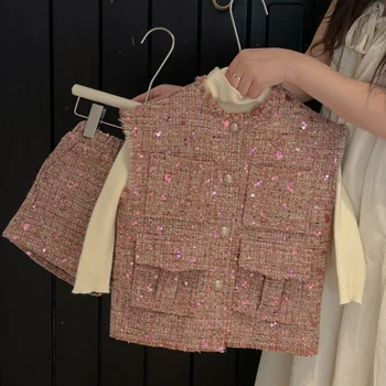 Детский комплект 2023, весна-осень, новый корейский стиль, жилет и шорты с пайетками для девочек, комплект из двух предметов Princess Sweet