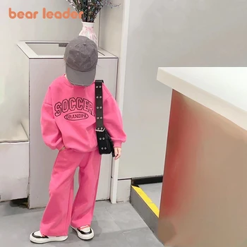 Детский комплект Bear Leader, Новый Осенний Спортивный комплект с длинными рукавами и буквенным принтом, Топ с круглым вырезом + Брюки, Модный комплект из двух предметов Для девочек
