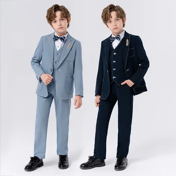 Детский строгий приталенный костюм Осенний британский мальчик, красивый пианист, ведущий свадебной вечеринки, детский блейзер, жилет, брюки с бабочкой