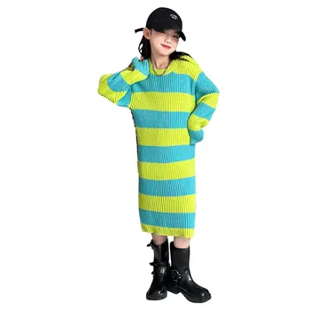 Длинные вязаные свитера, детская осенняя одежда для девочек, пуловер длиной до середины икры, Детские платья-свитера в Корейскую полоску для девочек