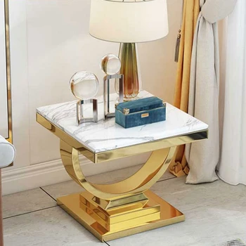 журнальный столик в комнате Глянцевая Золотая подставка Роскошный Мраморный угловой столик высокого класса Дизайнерская квадратная мебель для дома salontafel GY