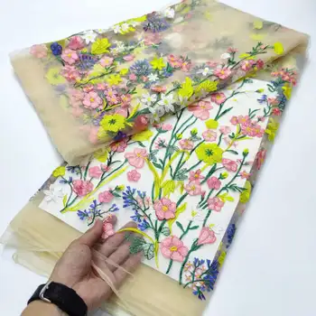 ЗОЛОТАЯ многоцветная Африканская кружевная ткань 2024, высококачественная Французская кружевная ткань с аппликацией в виде 3D цветов, кружевная ткань для свадебного платья