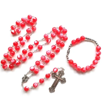 Католические Красные акриловые бусины, Четки, ожерелье, браслет, Религиозная Длинная цепочка для женщин, девочек, христианские украшения, Крещение