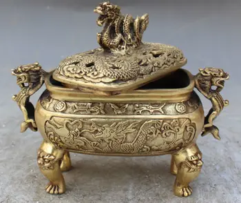 Китайский старинный бронзовый дракон с надписью Dragons Foo Fu Dog Lion Курильница для благовоний
