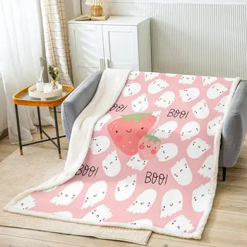 Клубничное одеяло с фруктами, мультяшное клубничное флисовое одеяло, Милое одеяло-призрак для дивана или кровати, розовое и белое