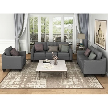 Комплект для гостиной из 3 предметов с ворсистыми подушками, диван в современном стиле, включает в себя 3-местный диван, диванчик и кресло для гостиной