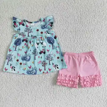 Комплект летних кружевных шорт с рюшами на рукавах для маленьких девочек, повседневная одежда для малышей с мультяшным принтом, костюмы от 1 до 14 лет Оптом