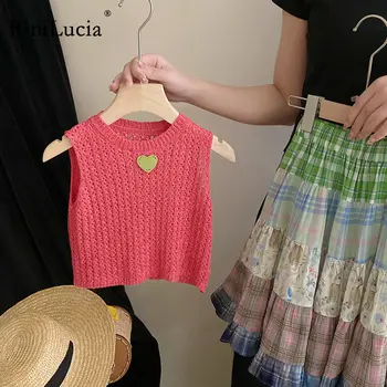 Комплекты одежды для девочек RiniLucia 2023 Новая Летняя детская одежда Вязаный жилет без рукавов, юбки в цветочную клетку, костюм из 2 предметов, детская одежда