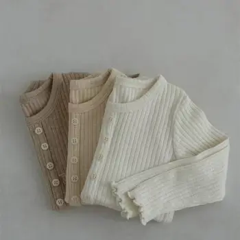 Корейская одежда для младенцев и малышей, повседневный комплект домашней одежды с длинными рукавами, вязаный домашний комплект в полоску для малышей, одежда для девочек из двух предметов