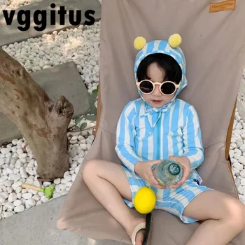 Корейский стиль, Новые Летние купальники для маленьких девочек С длинными рукавами, Полосатый солнцезащитный купальник на молнии + шапочка для плавания, Детская пляжная одежда H700