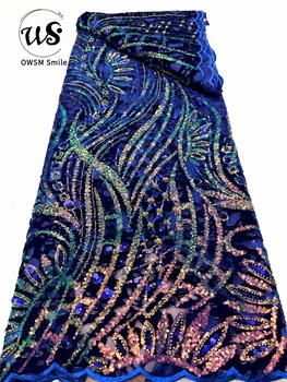 Кружевная ткань OWSM 2023 Высококачественное кружево 5 ярдов ручной вышивки Сетчатое кружево с бисером блестки для вечернего платья для вечеринки