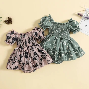 Летнее Платье-боди для новорожденных девочек с коротким рукавом и открытыми плечами, одежда с цветочным рисунком, костюм для повседневной вечеринки