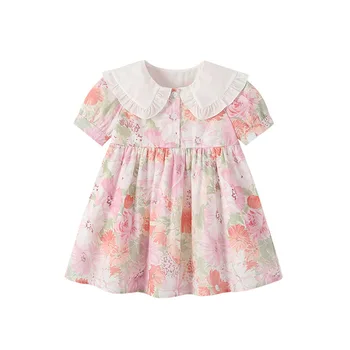 Летнее платье для девочек, юбка принцессы 2023, милая розовая юбка с цветочным рисунком, детское платье с отворотом из чистого хлопка