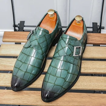 Мужская деловая обувь, классика карьеры, Офисная вечеринка, Свадьба с острым носком, Официальная обувь из зеленой кожи на шнуровке.