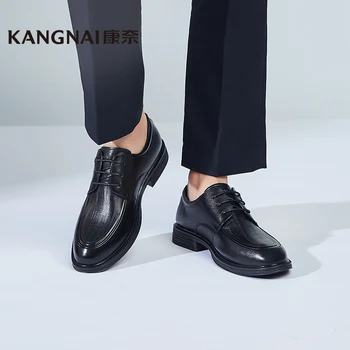 Мужская официальная обувь Kangnai из натуральной коровьей кожи на шнуровке с круглым носком, черные офисные деловые мужские туфли-дерби