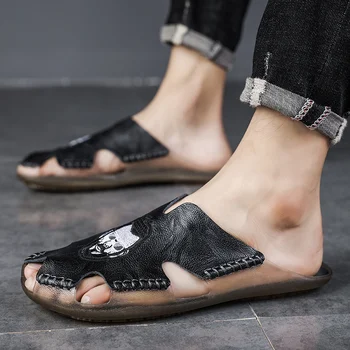 Мужские тапочки, повседневная модная легкая летняя уличная нескользящая мужская обувь, кожаные пляжные сандалии на толстой подошве