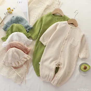Муслиновый детский комбинезон, шапка, хлопковый комбинезон с длинными рукавами для мальчиков и девочек, однотонная весенне-осенняя одежда для малышей, комбинезон для новорожденных