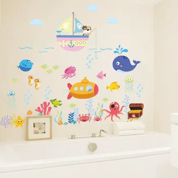 Наклейки на стену с подводными рыбками и пузырями для детских комнат, ванной Комнаты, спальни, домашнего декора, наклейки на стены с мультяшными животными, настенные росписи Diy