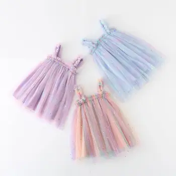 Новое стильное детское платье с блестками и звездами, радужное платье-комбинация, газовое платье-пончо, детское платье принцессы для фото