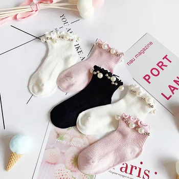 Носки для девочек, весенне-летние хлопчатобумажные носки для младенцев с милым цветочным рисунком для детей, носки с кружевным краем для маленьких девочек с жемчугом