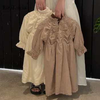 Однобортное платье с длинными рукавами для маленьких девочек RiniLucia, осеннее модное платье в корейском стиле для малышей, лоскутное платье для маленьких девочек