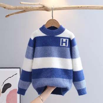 Оптовая продажа 2023 Осень-Зима, Детский Кашемировый свитер из искусственной норки, Детский Вязаный пуловер для маленьких мальчиков, Мягкие теплые свитера с круглым вырезом