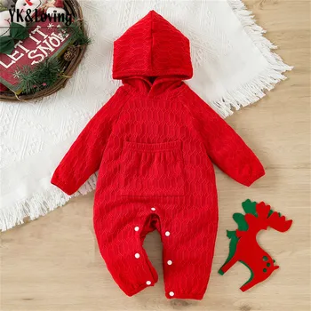 Осенне-зимние Детские ползунки для мальчиков и девочек, Рождественская одежда для малышей с красным карманом и капюшоном с длинным рукавом, однотонная Зимняя одежда для новорожденных, Новогодняя одежда