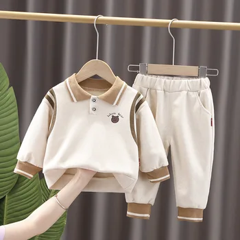 Осенний топ и брюки для мальчиков, повседневная хлопчатобумажная одежда, детский комплект, детский верх и низ, детская одежда с мультяшным отворотом