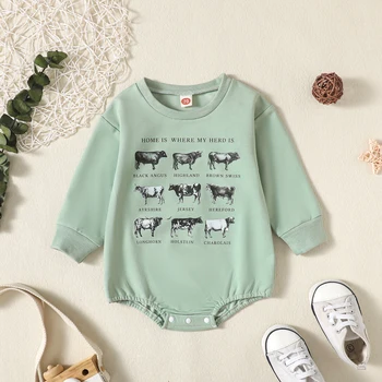 Осенняя одежда для новорожденных мальчиков от 0 до 18 м с буквенным принтом крупного рогатого скота, свободные толстовки с круглым вырезом, комбинезоны, комбинезоны, комбинезоны