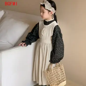 Платье для девочек 2023, Осенняя Детская Корейская однотонная винтажная майка + платье, Детская повседневная рубашка с кружевным воротником, комплект из двух предметов