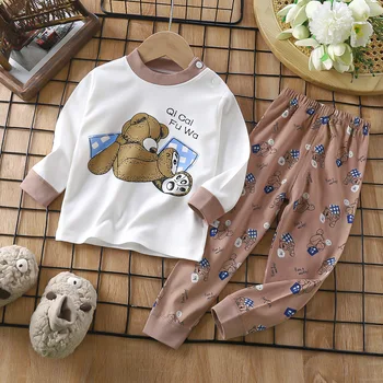 Повседневный комплект из мягкой хлопчатобумажной ночной рубашки для девочек 1, 2, 3, 4 лет, топы с круглым вырезом из мультфильма + пижамные штаны, Весенне-осенняя домашняя одежда