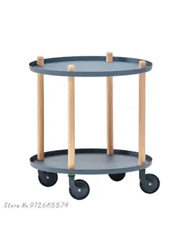 Приставной столик в скандинавском стиле, круглый журнальный столик, тумбочка для дивана в маленькой квартире, съемная тележка из массива дерева на колесиках, светильник